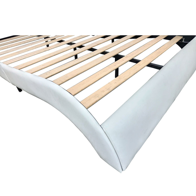 Upholstered Platform Bed Frame With LED Lighting, Bluetooth Connection To Play Music Control, Backrest Vibration Massage, Curve Design, Wood Slat Support, Exhibited Speakers