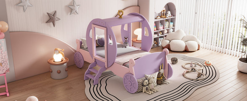 Twin size Princess Carriage Bed with Crown,Wood Platform Car Bed with Stair,Purple+Pink