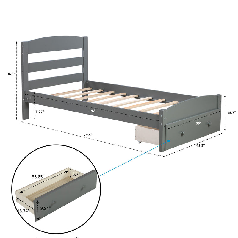 Twin Platform Bed Frame With Storage Drawer And Wood Slat Support No Box Spring Needed - Gray