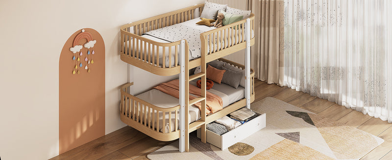 Wood Twin over Twin Bunk Bed with Fence Guardrail and a Big Drawer, Natural White