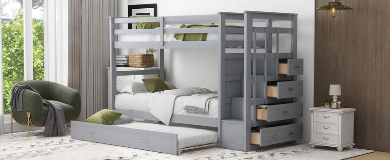 Twin Over Twin Bunk Bed with Trundle and Staircase,Gray(OLD SKU:LT000068AAE)