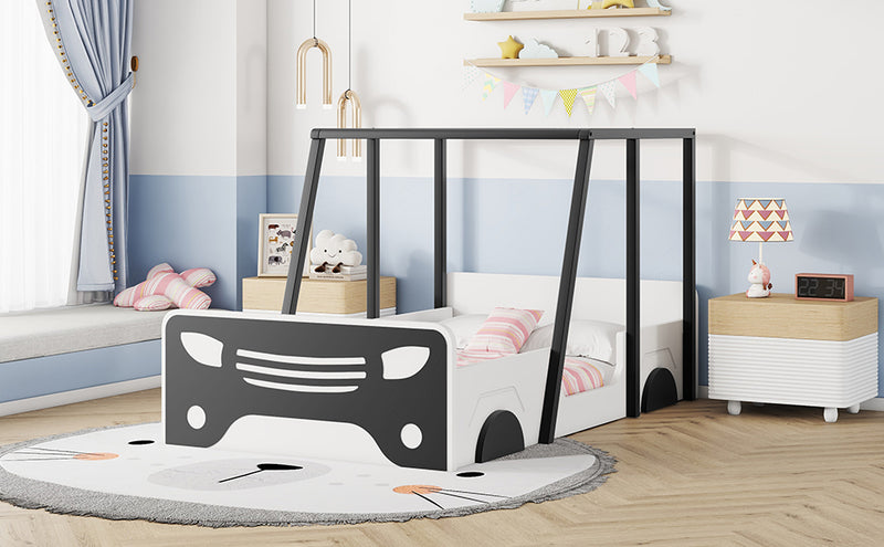 Twin Size Car-shaped Bed with Roof,Wooden Twin Floor Bed with wheels and door Design,Montessori Inspired Bedroom,Black