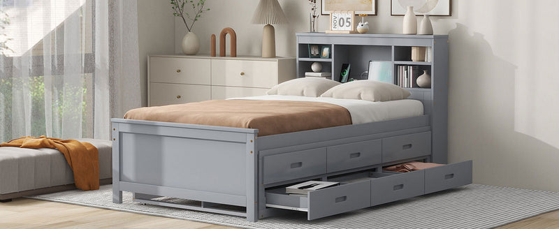 Twin Size Platform Bed with Storage Headboard, USB, Twin Size Trundle and 3 Drawers, Gray