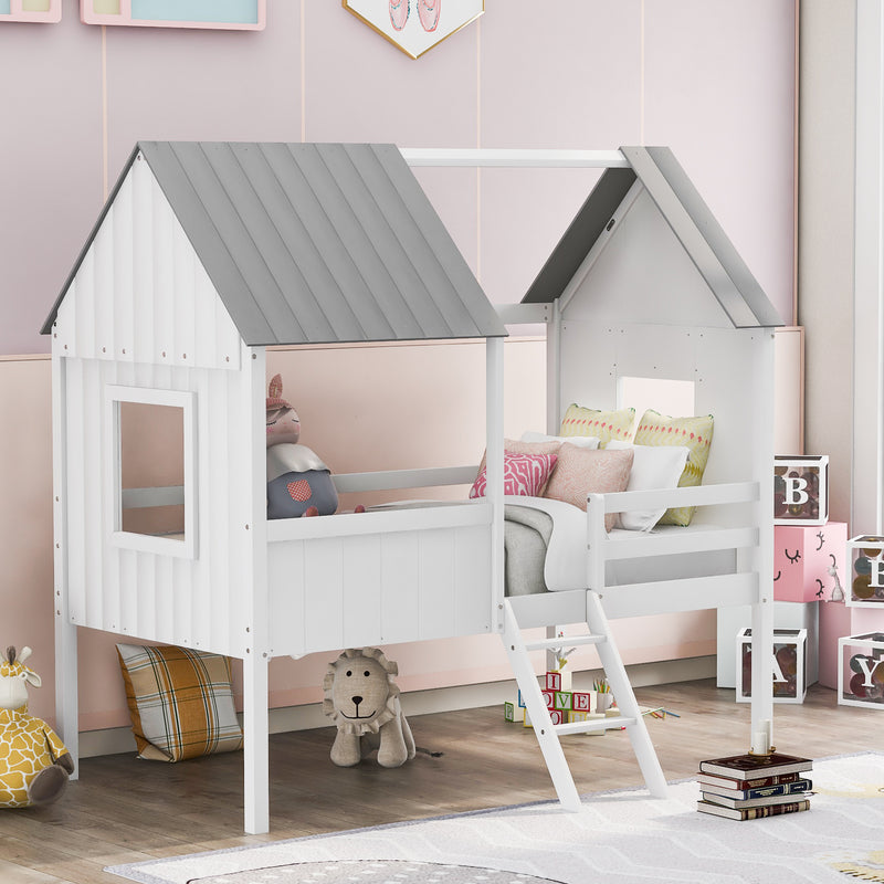 Twin Size Low Loft Wood House Bed with Two Side Windows  (White+Gray)(OLD SKU: LP000037AAE)