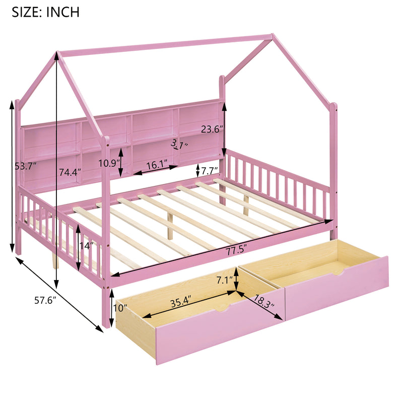 Wooden Full Size House Bed with 2 Drawers,Kids Bed with Storage Shelf, Pink