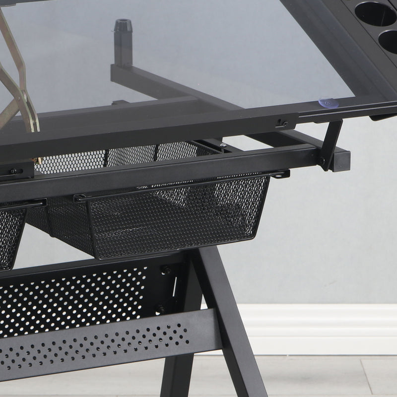 Adjustable Tempered Glass Drafting Printing Table - Black