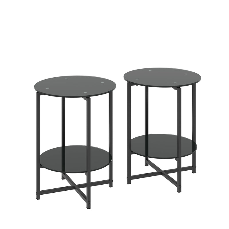 Jws-W241 Tempered Glass End Table (Set of 2) , Round Coffee Table For Bedroom Living Room Office - Black