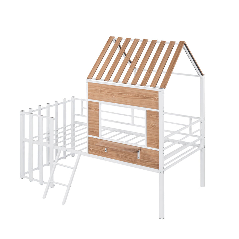 Twin Size Loft Bed With Roof, Window, Guardrail, Ladder