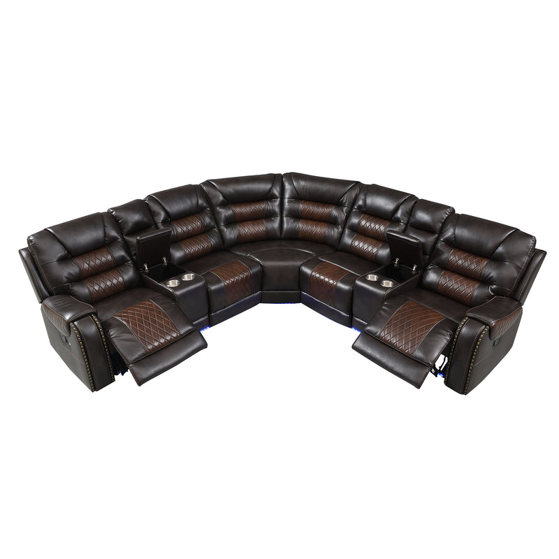 Manual Reclining Sectional Sofa Set L Shaped Symmetrical Motion Sofa Corner Couch Sets With Storage Boxes, 4 Cup Holders And Led Light Strip For Living Room - Brown