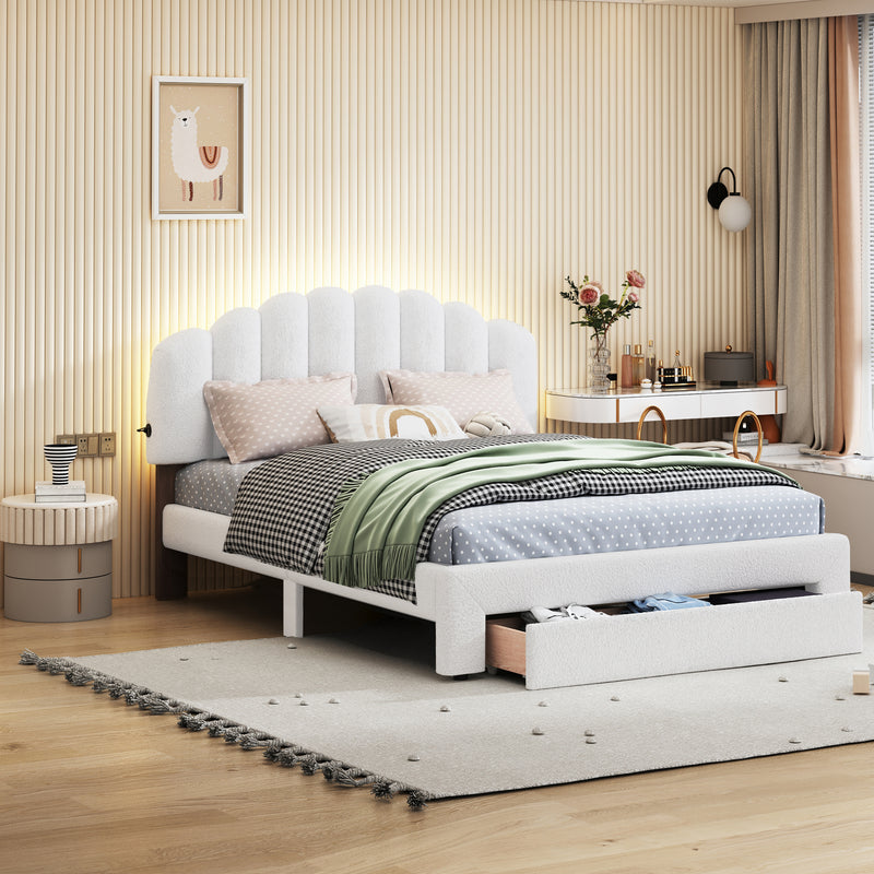 Teddy Fleece Queen Size Upholstered Platform Bed with Drawer, White