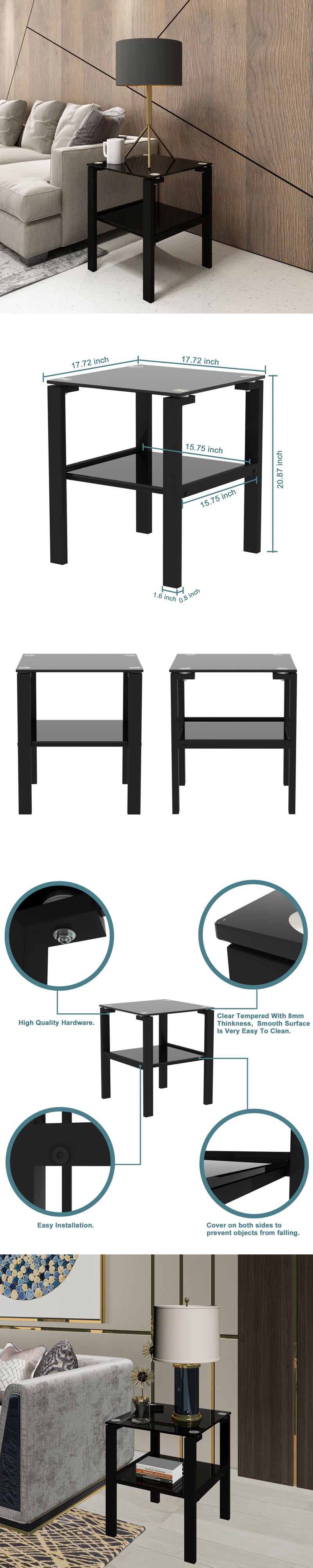 Glass Coffee Table, Clear Coffee Table,Modern Side Center Tables For Living Room, Living Room Furniture - Black