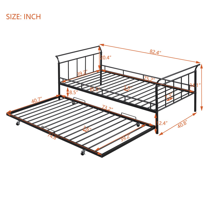 Twin Size Metal Daybed with Curved Handle Design and Twin Size Trundle, Black