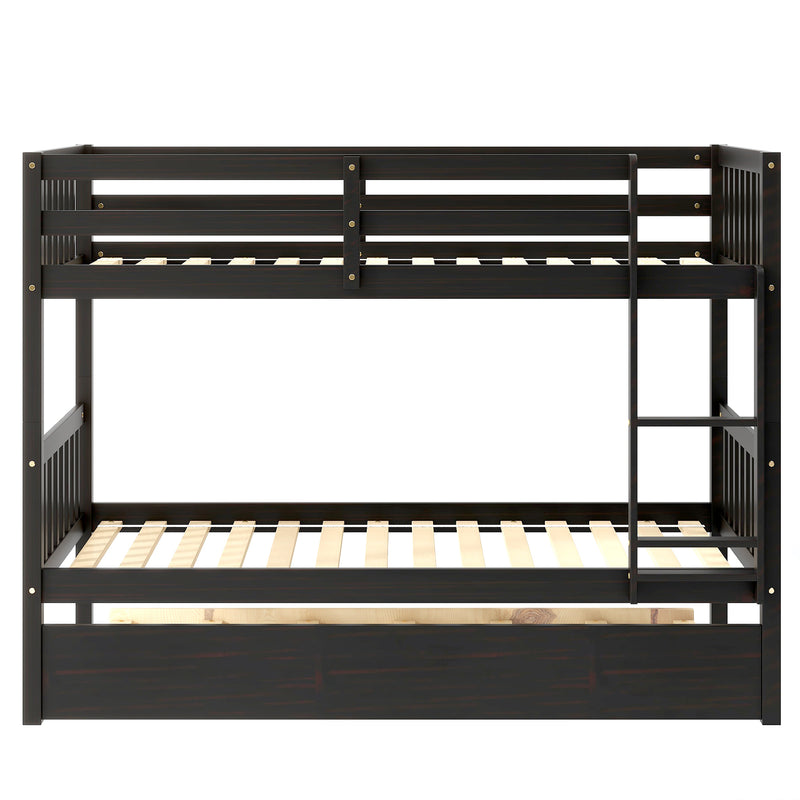 Twin Over Twin Bunk Beds with Trundle, Solid Wood Trundle Bed Frame with Safety Rail and Ladder, Kids/Teens Bedroom, Guest Room Furniture, Can Be converted into 2 Beds,Espresso