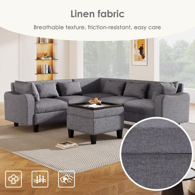 Modern Sectional Sofa With Coffee Table, 6 Seat Couch Set With Storage Ottoman, Various Combinations, L-Shape Indoor Furniture With Unique Armrests For Living Room (6 Pillows)