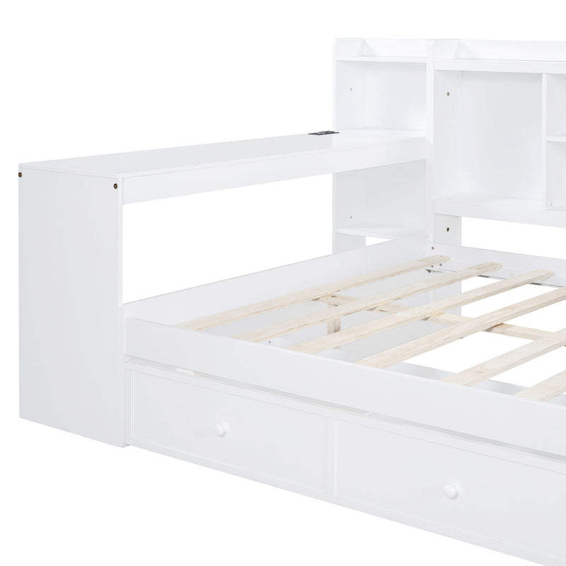 Full Size Wooden Daybed With 3 Drawers, USB Ports And Desk - White