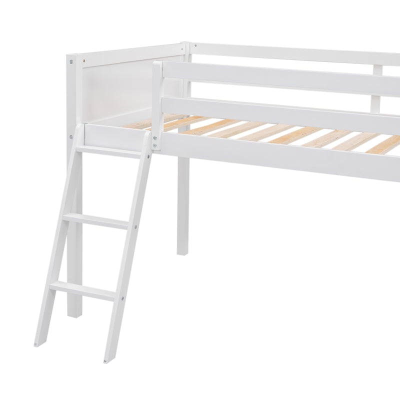 Twin Size Wood Loft Bed with Ladder, ladder can be placed on the left or right, White