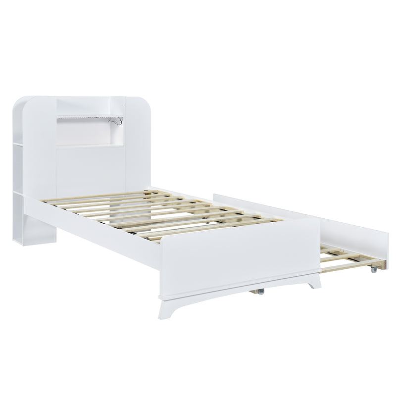 Twin Size Storage Platform Bed Frame with with Trundle and Light Strip Design in Headboard,White