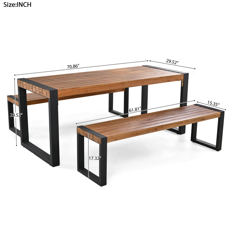 3 Pieces Outdoor Dining Table With 2 Benches, Patio Dining Set With Unique Top Texture, Acacia Wood Top & Steel Frame, All Weather Use, For Outdoor & Indoor - Natural