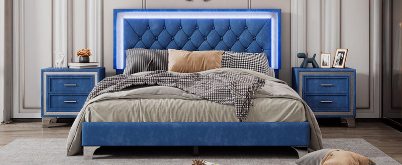 3 Piece Bedroom Sets, Queen Size Upholstered Platform Bed With LED Lights And Two Nightstands - Blue