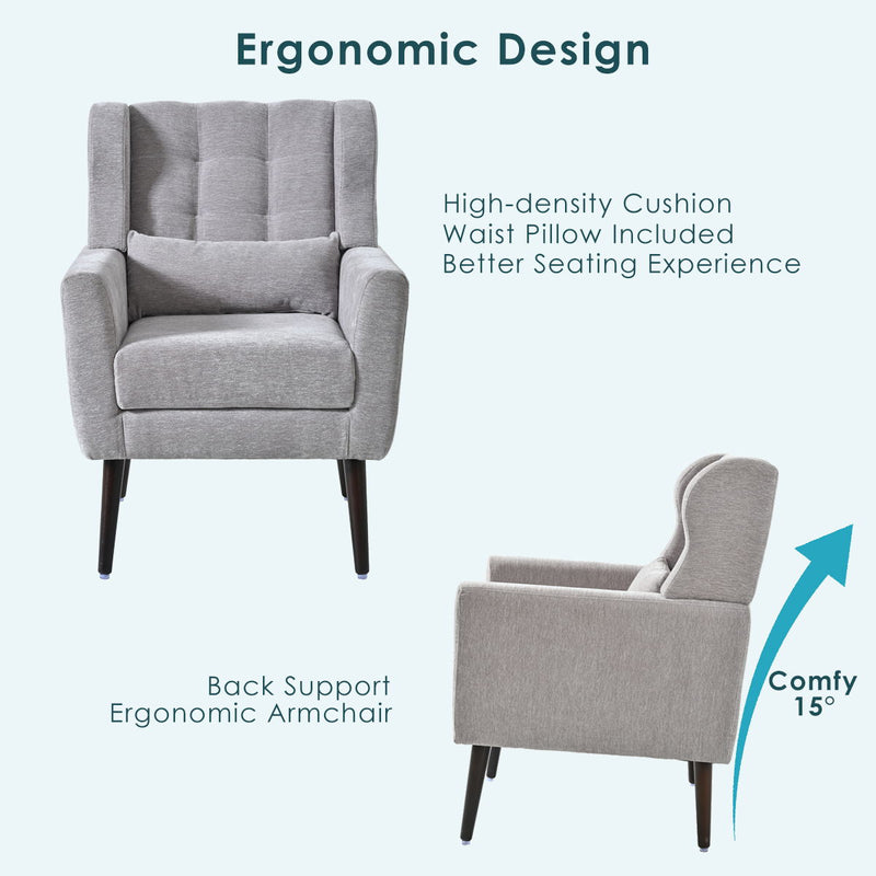 Modern Accent Chair, Chenille Arm Chairs For Living Room, Upholstered Mordern Armchair, Comfy Soft Padded Lounge Chair In Small Space, Bedroom, With Pillow, Solid Wood Leg