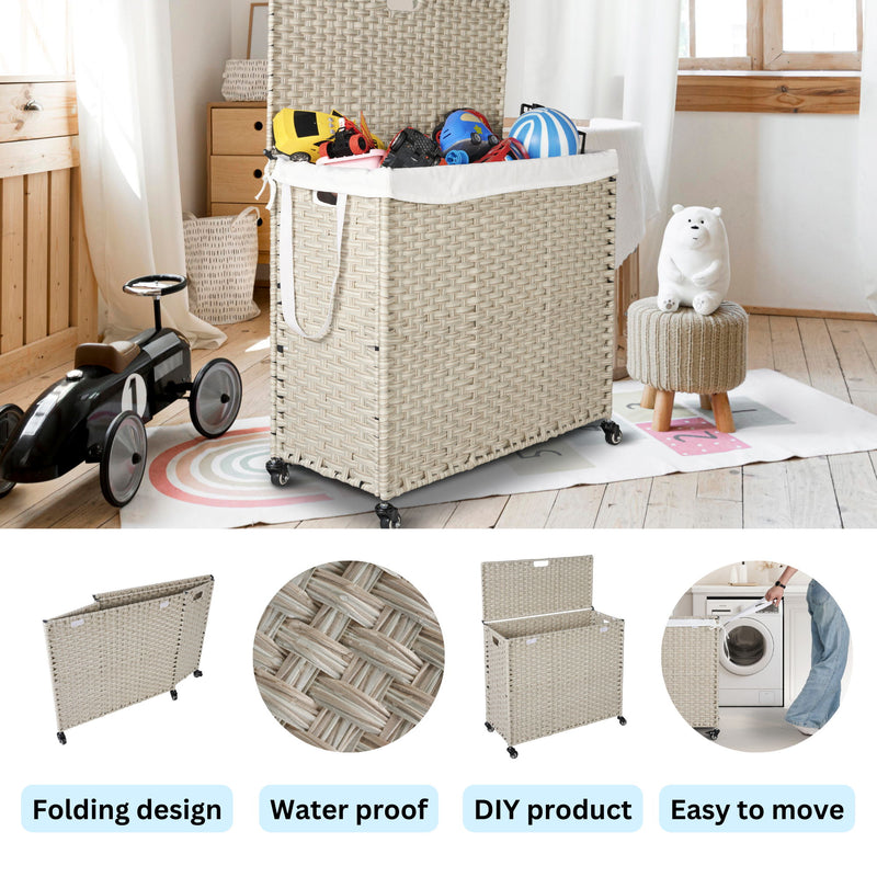 Laundry Hamper With Lid PE Rattan Powder Coating Frame Clothes Hampers With 2 Removable Bags