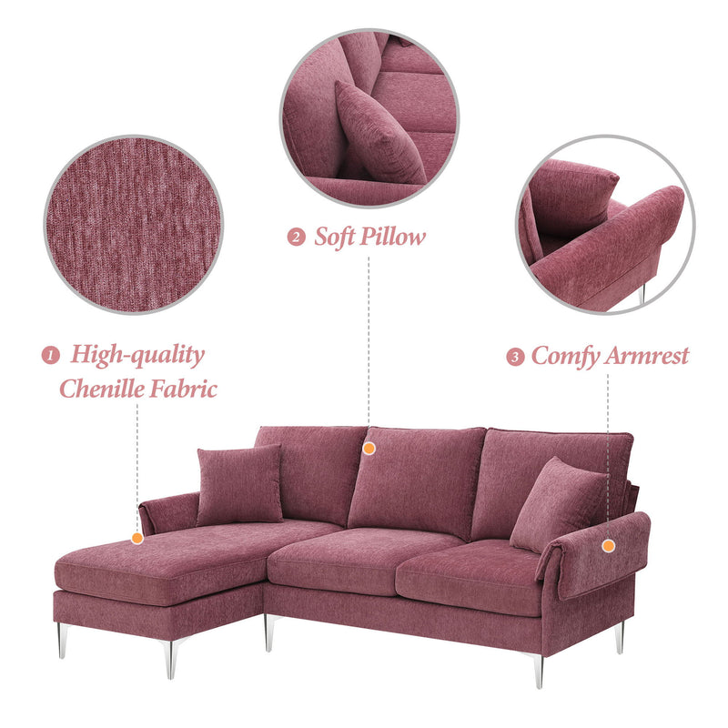 Convertible Sectional Sofa, Modern Chenille L-Shaped Sofa Couch With Reversible Chaise Lounge, Fit For Living Room, Apartment (2 Pillows)