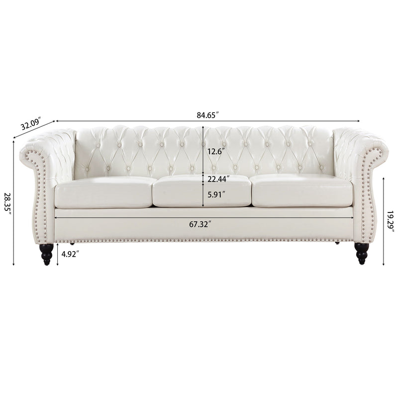 84.65" Rolled Arm Chesterfield 3 Seater Sofa - White