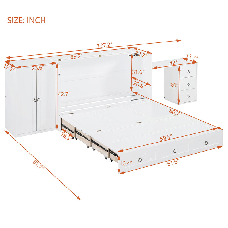 Murphy Bed With USB Port, Large Drawer, And Wardrobe / Desk Combo Versatile Cabinet Bed