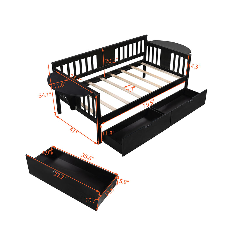 Twin size Daybed with Two Drawers, Wood Slat Support, Espresso