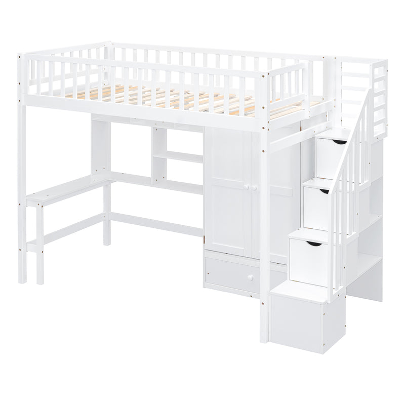 Twin size Loft Bed with Bookshelf,Drawers,Desk,and Wardrobe-White