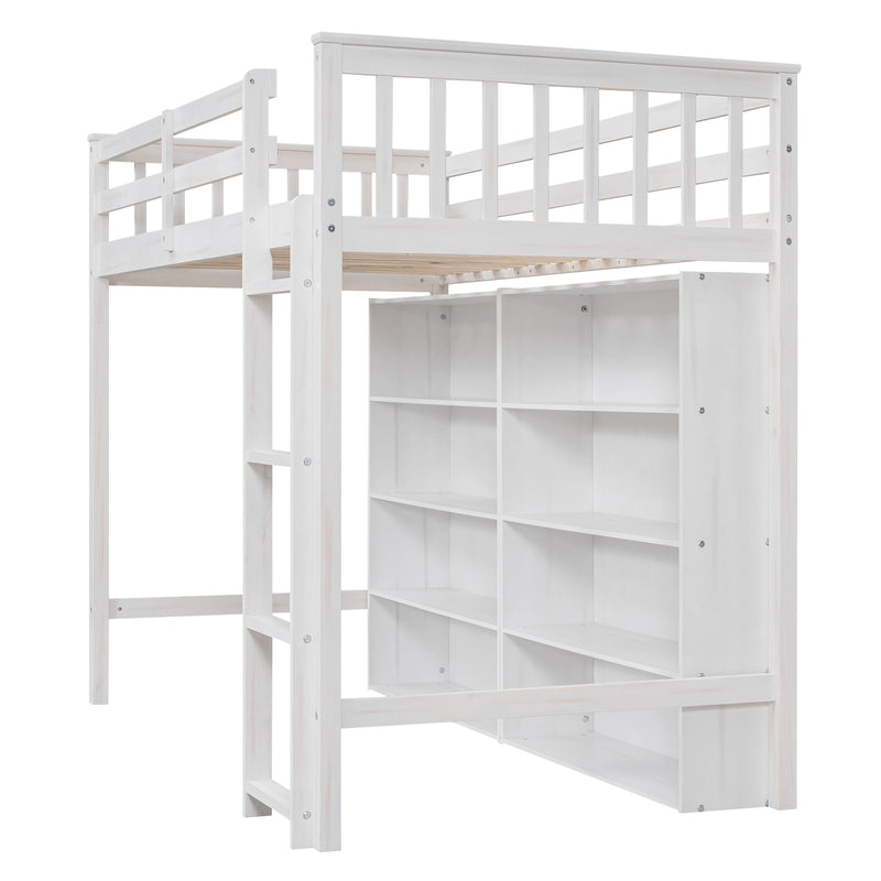 Twin Size Loft Bed with 8 Open Storage Shelves and Built-in Ladder, White