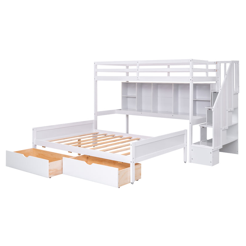 Twin XL over Full Bunk Bed with Built-in Storage Shelves, Drawers and Staircase,White