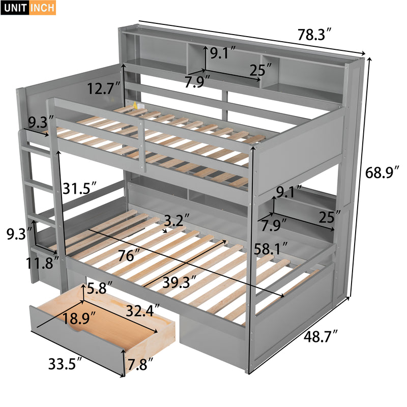 Twin Size Bunk Bed with Built-in Shelves Beside both Upper and Down Bed and Storage Drawer,Gray