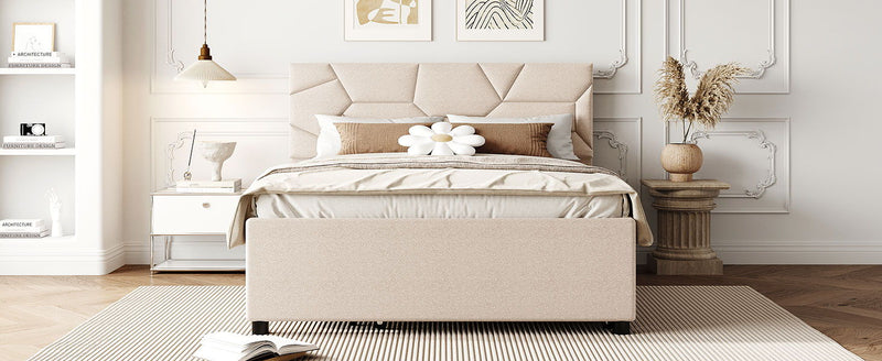 Upholstered Platform Bed With Brick Pattern Headboard And Twin Size Trundle, Linen