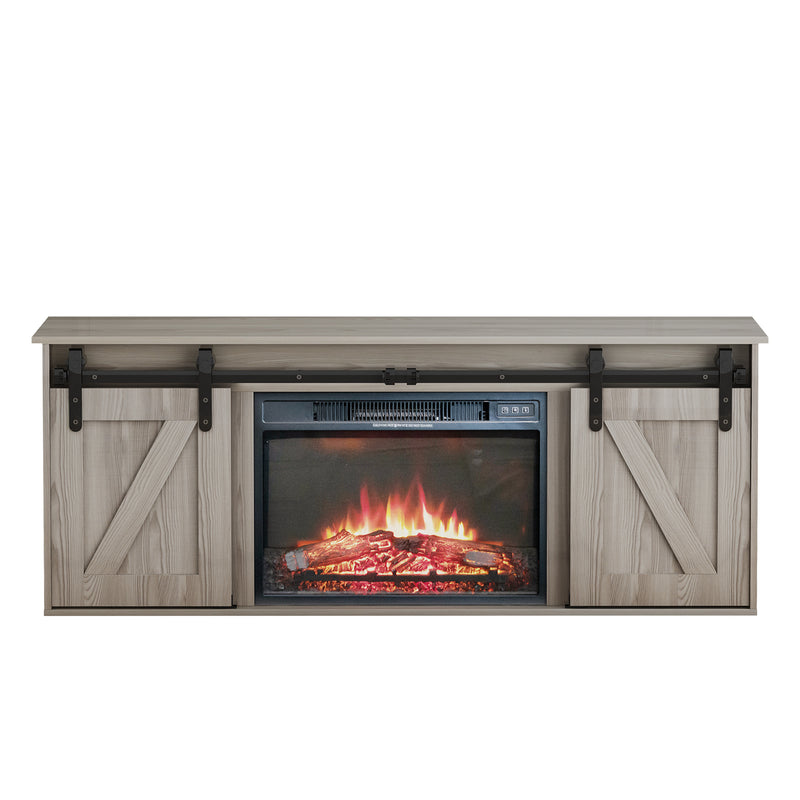 The television cabinet with an electronic fireplace，with Farmhouse Sliding Barn Door ,for TV up to 65 Inch Flat Screen MediaConsoleTable StorageCabinetWood Entertainment CenterSturdycolour：Washed Gray