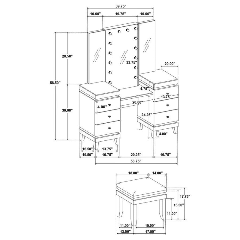 Talei - 6-Drawer Vanity Set With Hollywood Lighting - Black And White