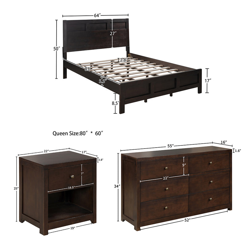 Classic Rich Brown 3 Pieces Queen Bedroom Set (Queen Bed + Nightstand+ Dresser)