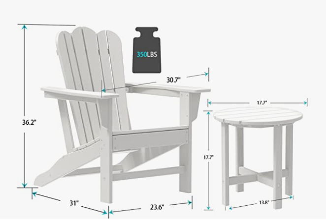 Combo for Family: 2 Plastic Adirondack Chairs & an Outdoor Side Table.  Outdoor Adirondack Chair Patio Lounge Chairs Classic Design (White)