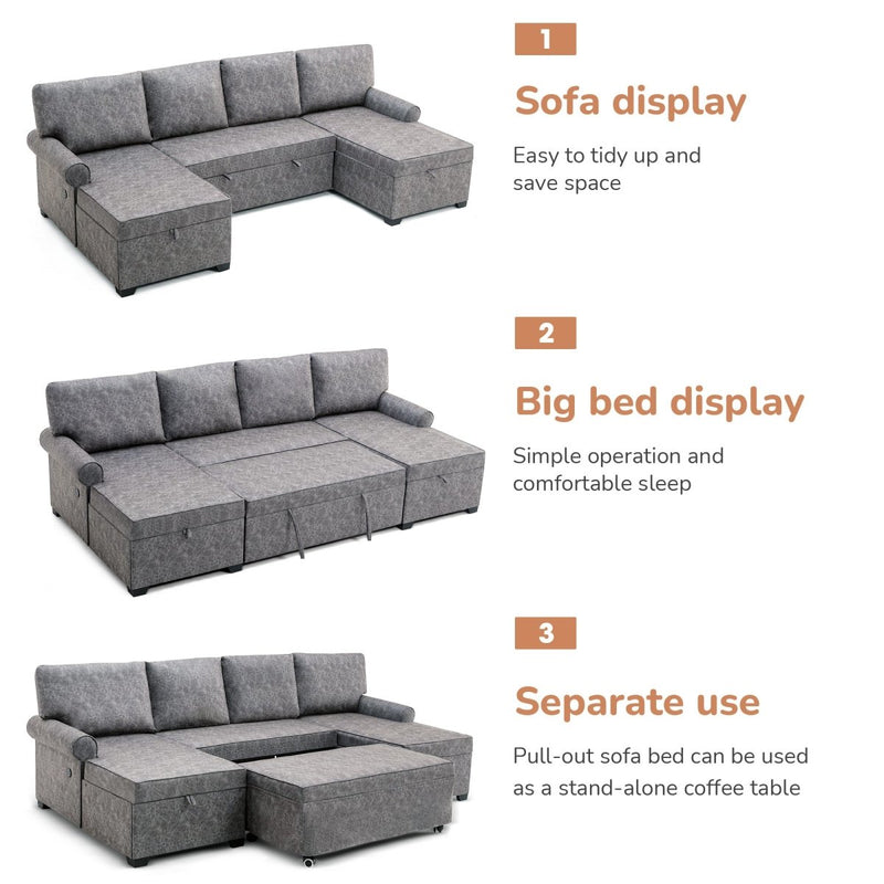 108.75" Sectional U-Shaped Sofa with 2 USB Chargers,2-seat Sofa Bed With Double Storage Chaise longue,Sleeper Independent Used as Coffee Table,Seating Capacity 6 - Atlantic Fine Furniture Inc