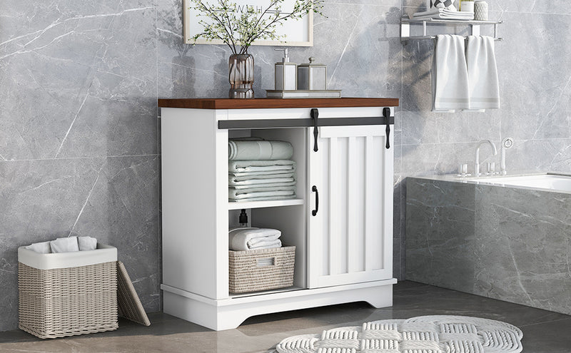 Bathroom Storage Cabinet, Freestanding Accent Cabinet, Sliding Barn Door, Thick Top, Adjustable Shelf, White and Brown