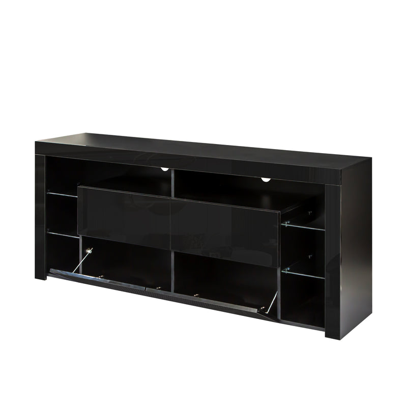 Black Modern contracted LED TV Cabinet with Storage Drawers，4 Storage Cabinet with Open Shelves for Living Room Bedroom