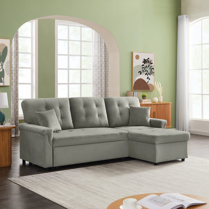 Velvet Reversible Sectional Sofa with Pull Out sleeper, L-Shaped Couch Chaise with Storage For Living Room & Apartment