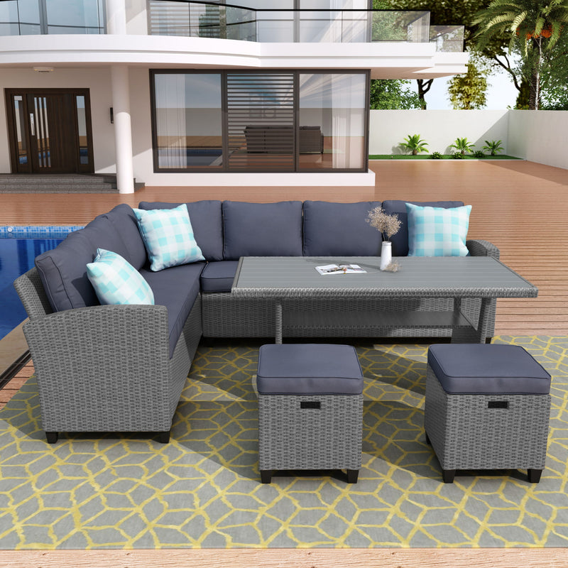 Patio Furniture Set - Outdoor Conversation Set - Dining Table Chair With Ottoman And Throw Pillows