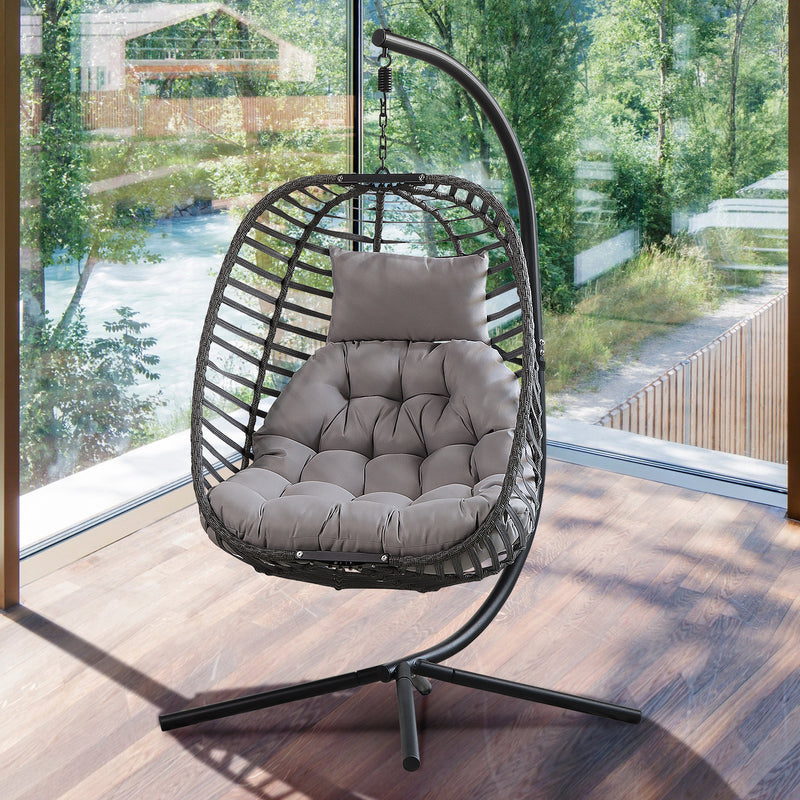 Rattan Weather Resistant Foldable Hanging Hammock Egg Chair with Stand for Patio