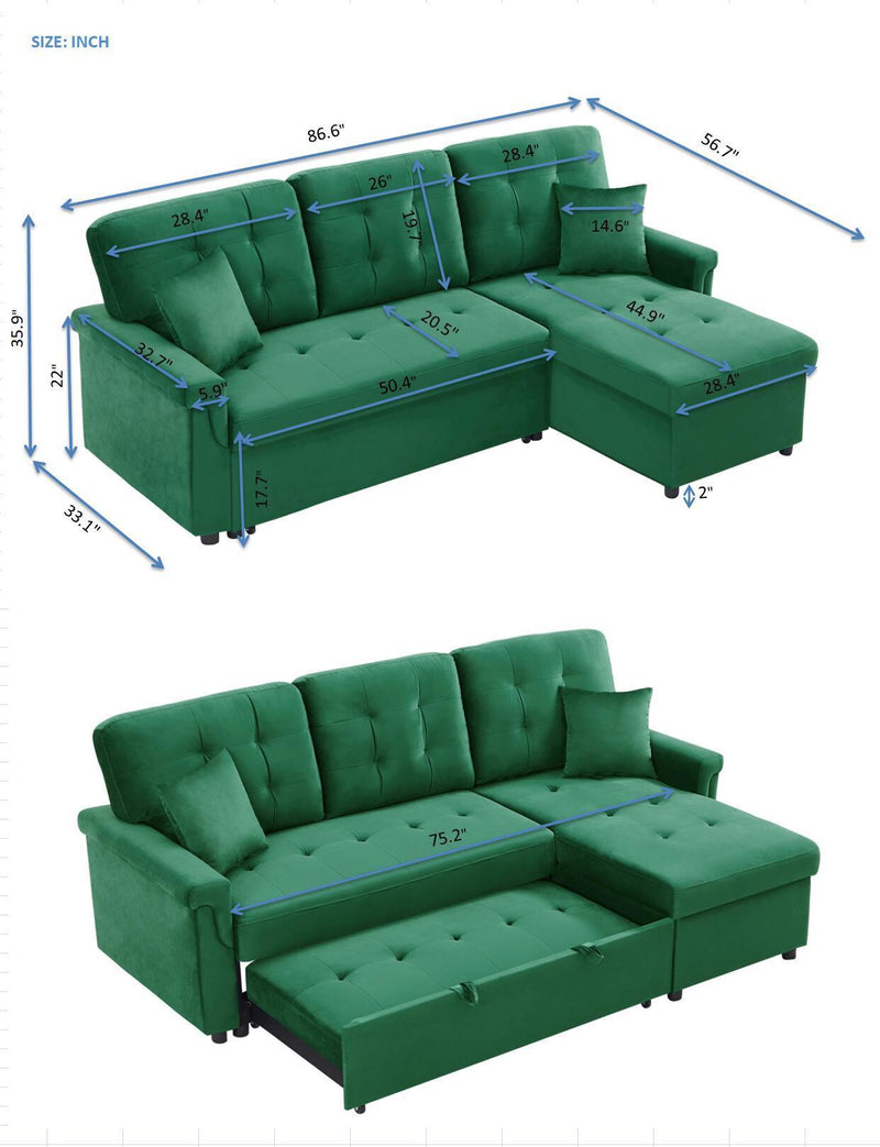 Velvet Reversible Sectional Sofa with Pull Out sleeper, L-Shaped Couch Chaise with Storage For Living Room & Apartment