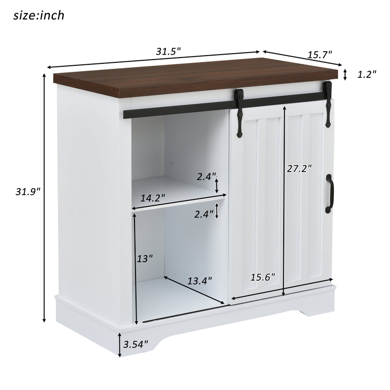 Bathroom Storage Cabinet, Freestanding Accent Cabinet, Sliding Barn Door, Thick Top, Adjustable Shelf, White and Brown