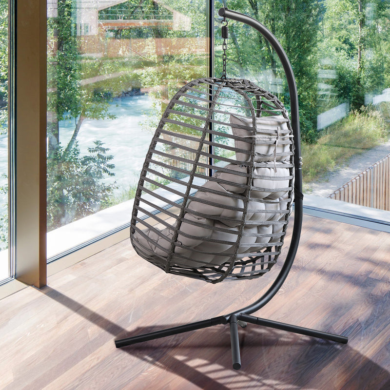 Rattan Weather Resistant Foldable Hanging Hammock Egg Chair with Stand for Patio