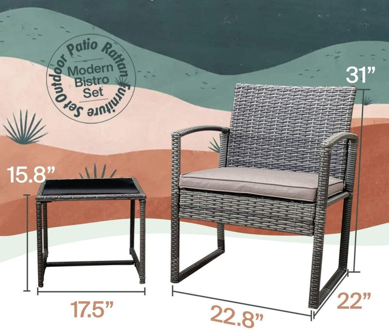 3 Pieces Patio Set Outdoor Wicker Patio Furniture Sets Modern Bistro Set Rattan Chair Conversation Sets with Coffee Table for Yard and Bistro - Atlantic Fine Furniture Inc