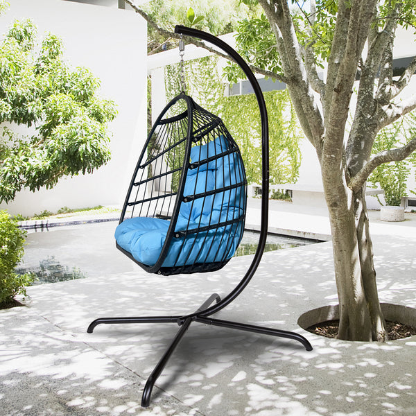 Swing Egg Chair with Stand Indoor Outdoor Wicker Rattan Patio Basket Hanging Chair with C Type bracket , with cushion and pillow,Patio Wicker folding Hanging Chair