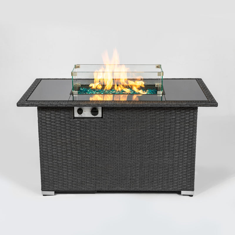 Outdoor 44" Gas Propane Fire pit  Table  Rectangle  50,000 BTU with  8mm Tempered Glass Tabletop & Blue Stone& Steel table lid &Table waterproof dusty Cover ,ETL Certification (Grey)